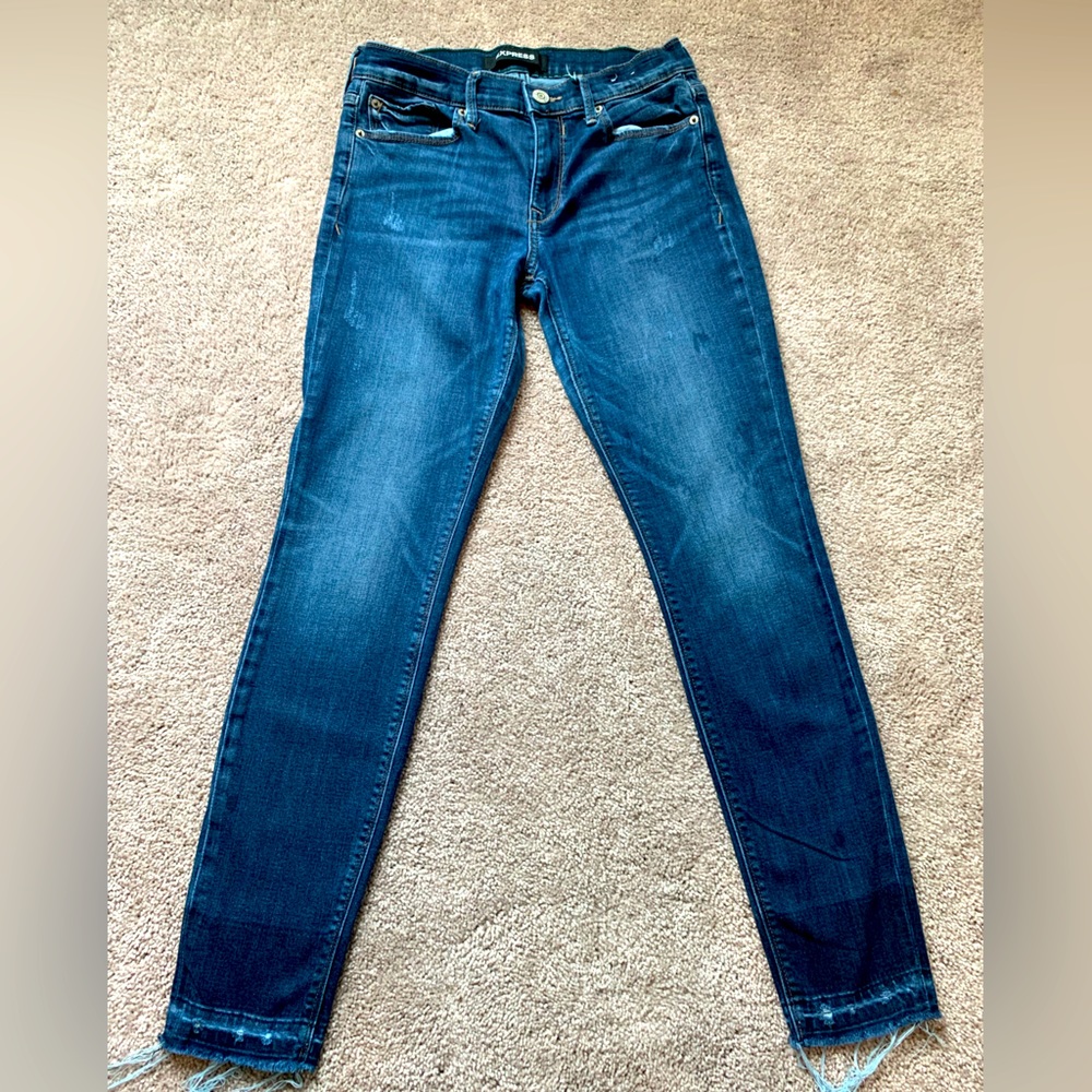 Express Mid Rise Dark Wash Raw Hem Skinny Jeans